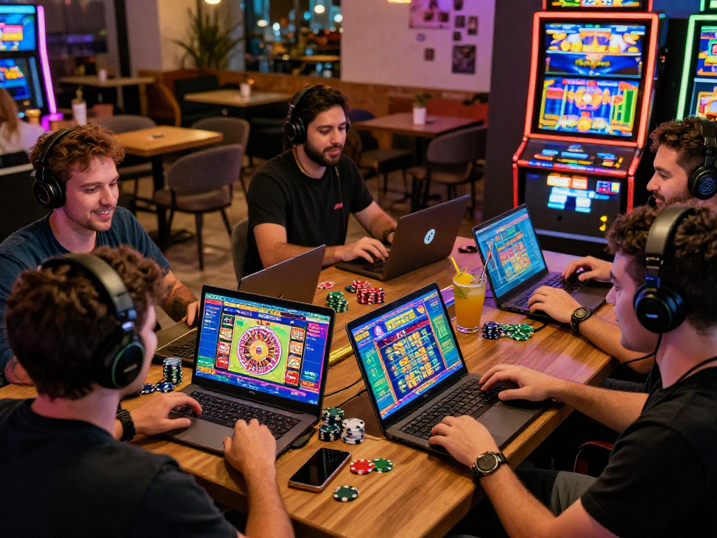 Jovens jogando spbet em dispositivos digitais em ambiente animado e moderno.