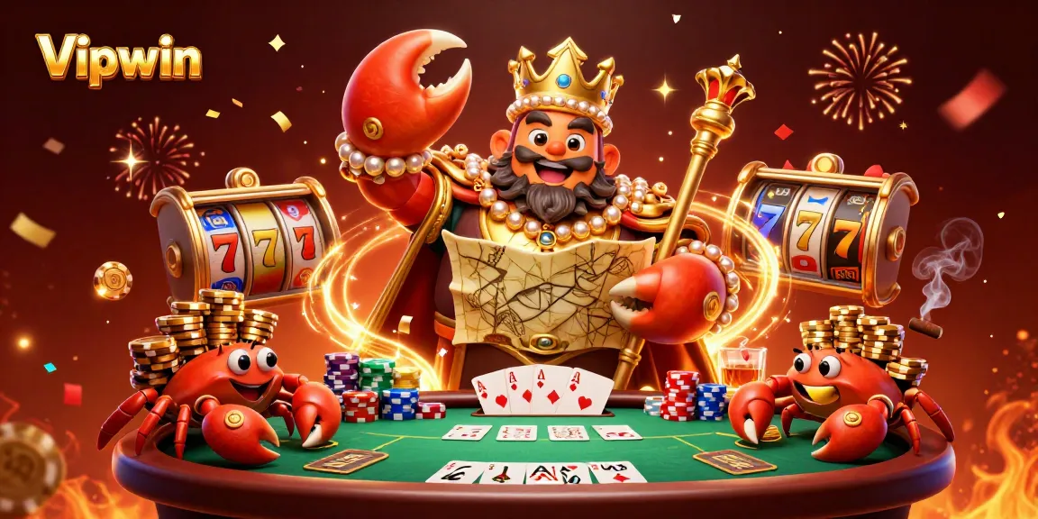 Experience the thrill of gambling with Vipwin's vibrant 3D golden crab emperor scene featuring poker and slot elements.