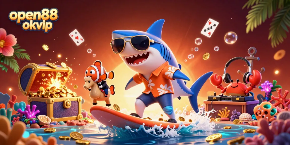 Surf on riches with open88 okvip featuring a shark, clownfish, and crab in dynamic gaming-themed scene.