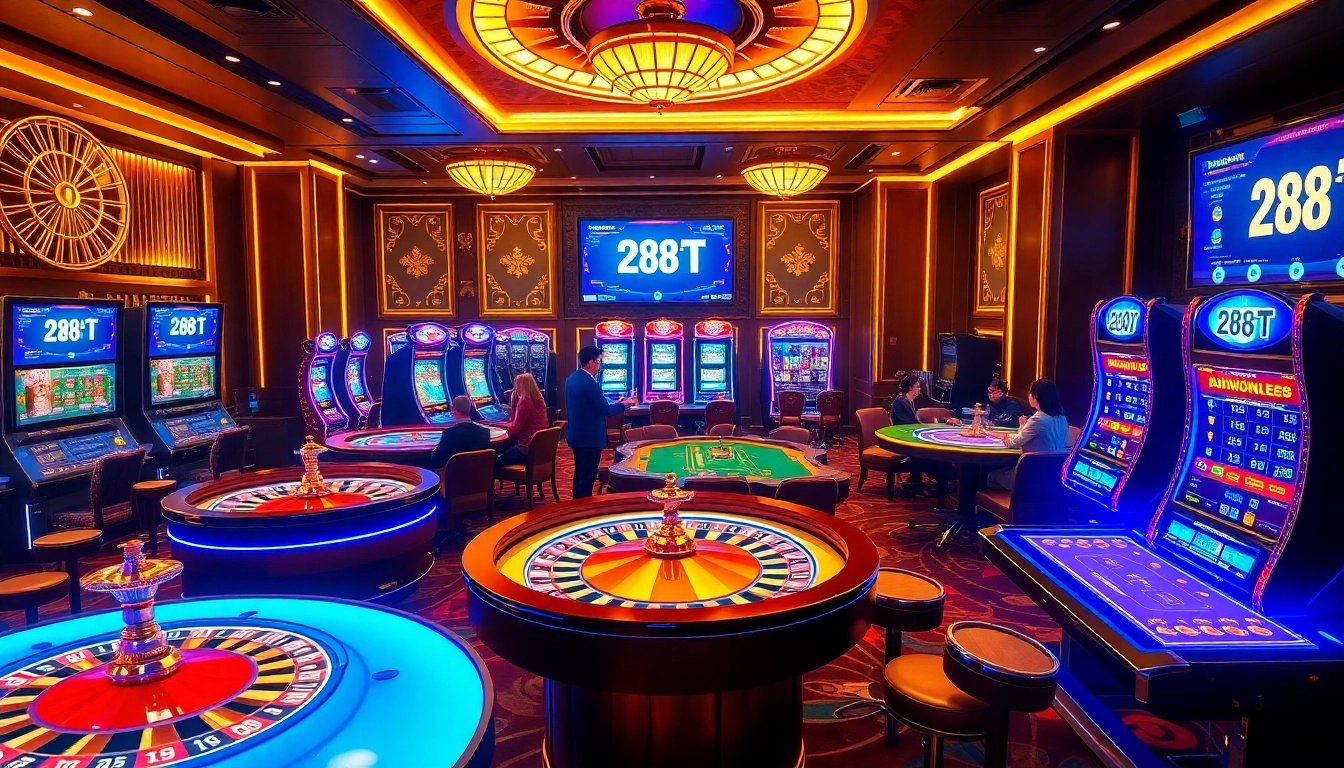 Exciting players engaging with slot machines and table games at 288T online casino.