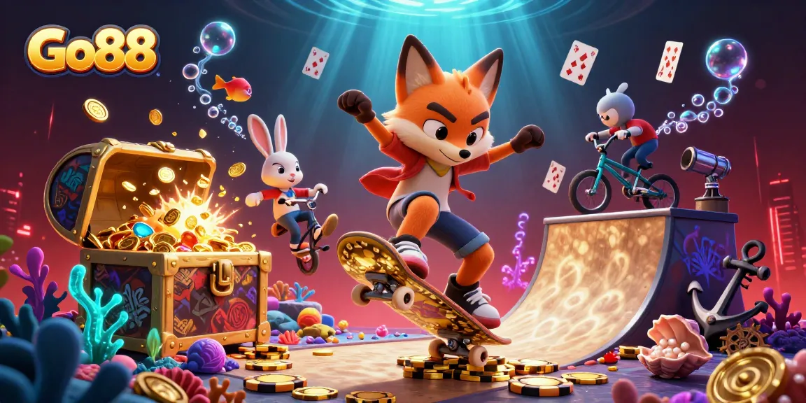 Experience exhilarating action at Go88 with a skateboarder fox and BMX rabbit in a vibrant casino-themed scene.