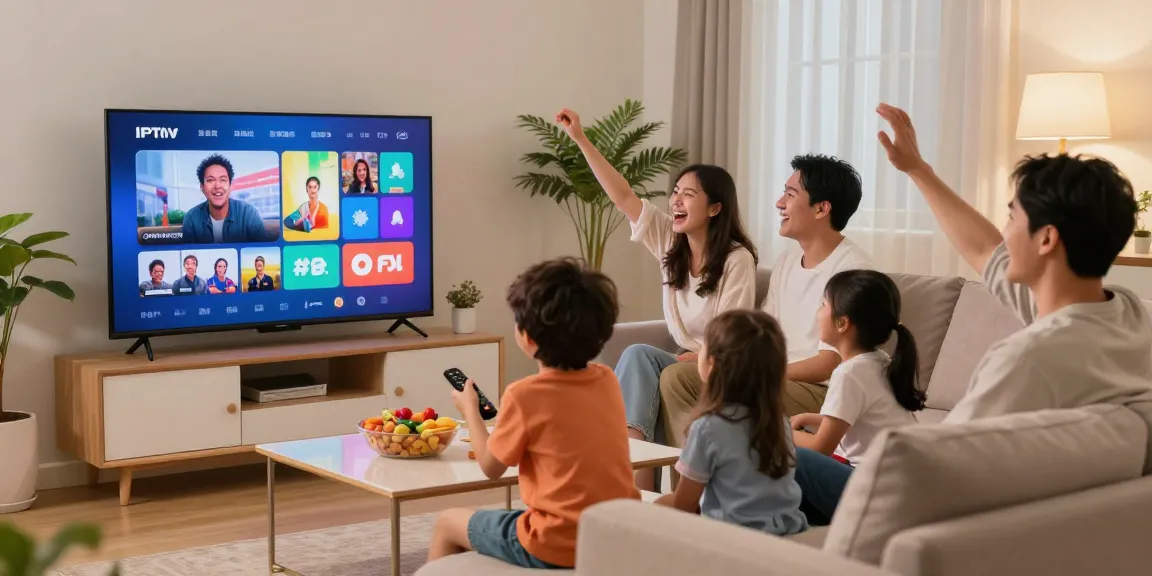 Família assistindo IPTV com alegria na sala de estar, destacando a conexão familiar.