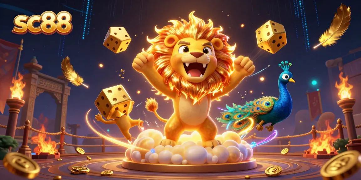 Engage in thrilling gaming with sc88 featuring a lion, golden dice, and vibrant casino elements.