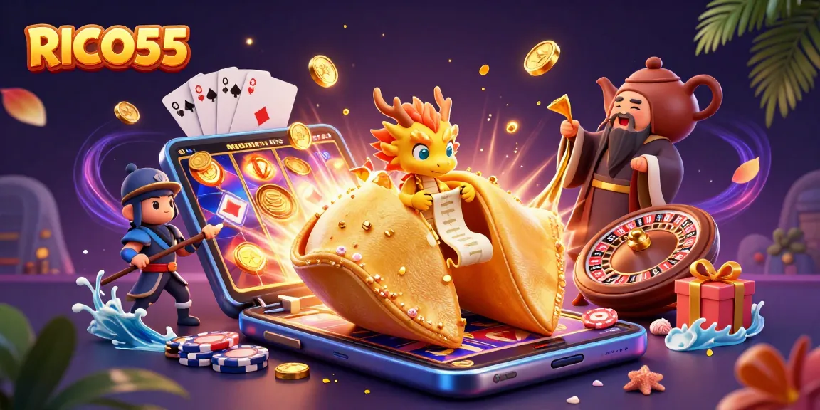 Experience exciting winnings with RICO55 in this vibrant casino-themed illustration.