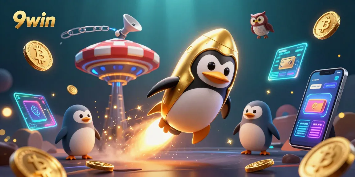 Experience thrilling action with 9win as the golden penguin rockets through crypto space toward a giant casino.
