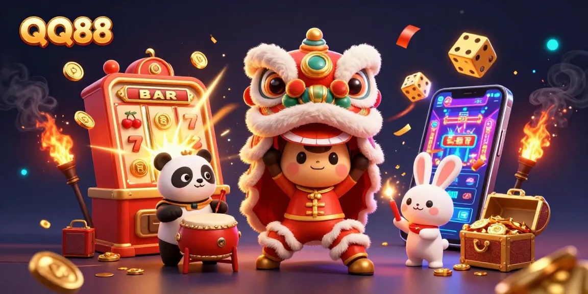 Engage with QQ88's vibrant online gaming scene featuring lively characters and casino excitement.