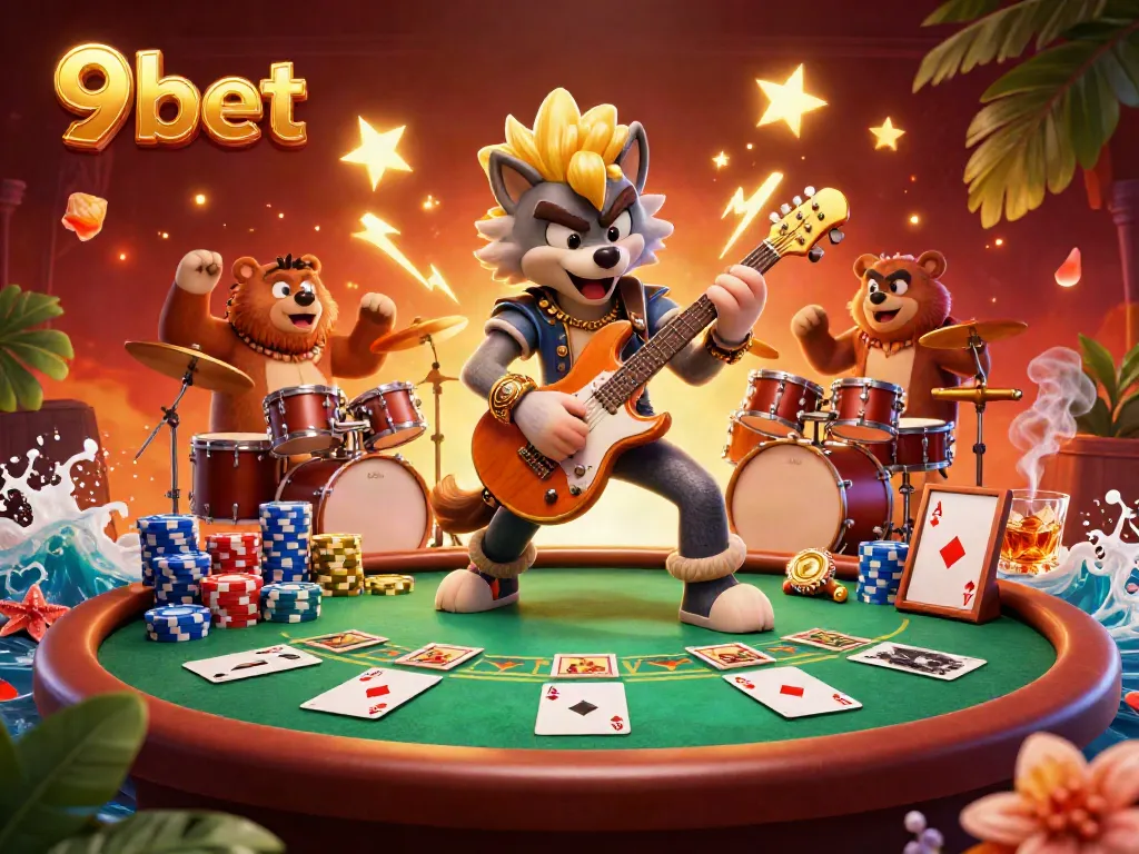 Experience the thrill of gaming at 9bet with dynamic characters and casino elements in a vibrant illustration.