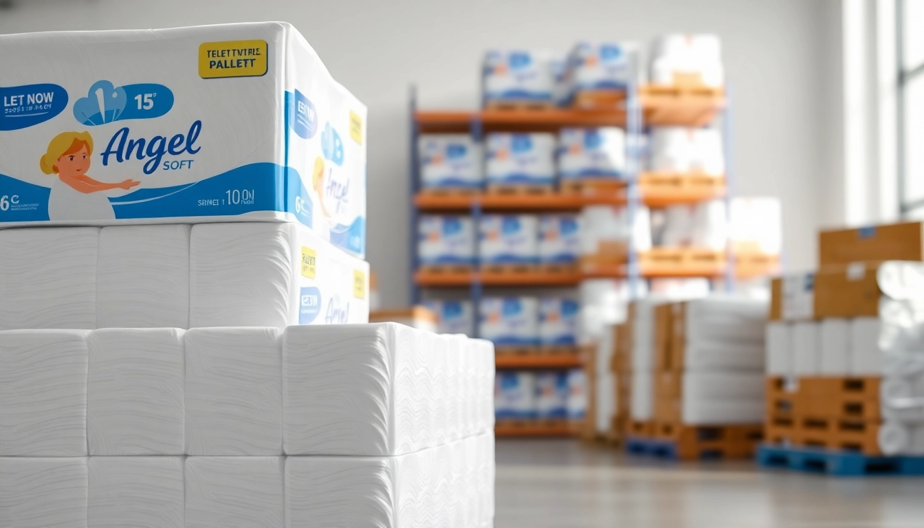 Explore Angel Soft Toilet Paper Pallets displayed in a bright warehouse setting, emphasizing quality and organization.