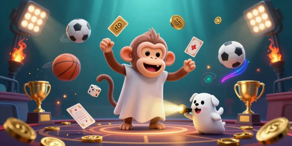 Experience thrilling moments at uk88's haunted casino with a playful poltergeist monkey and a curious dog, surrounded by sports elements.