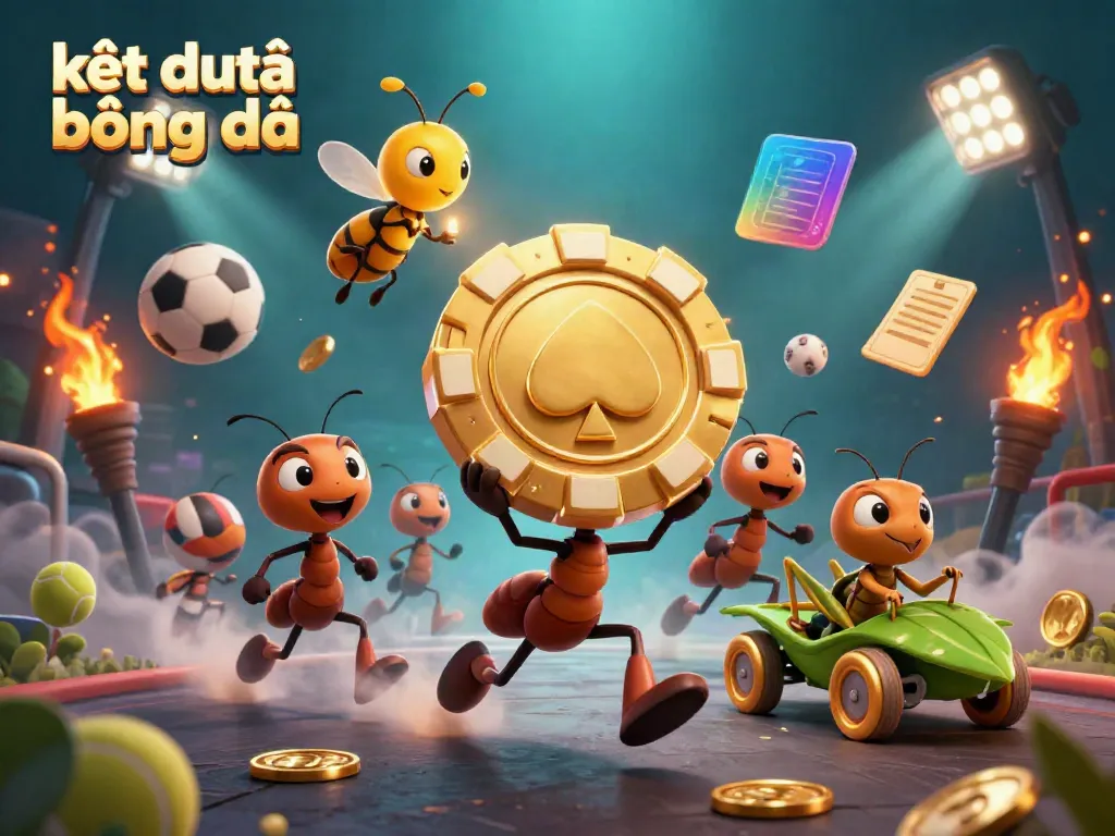 Experience the thrilling world of kết quả bóng đá as cartoon ants embark on a heist with a massive golden chip, amidst dynamic sports elements.