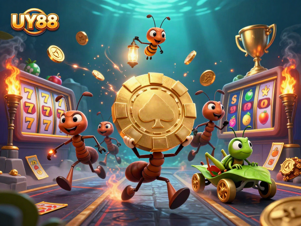 Experience excitement with UY88 as ants flee with a giant poker chip amidst vibrant slots and lively casino elements.