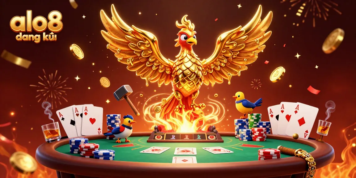 Experience the thrill at alo8 đăng ký with a mesmerizing phoenix amidst poker elements.