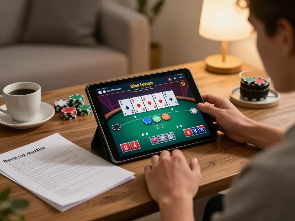 Player enjoying X333 online poker with notes and tablet in a cozy home setting
