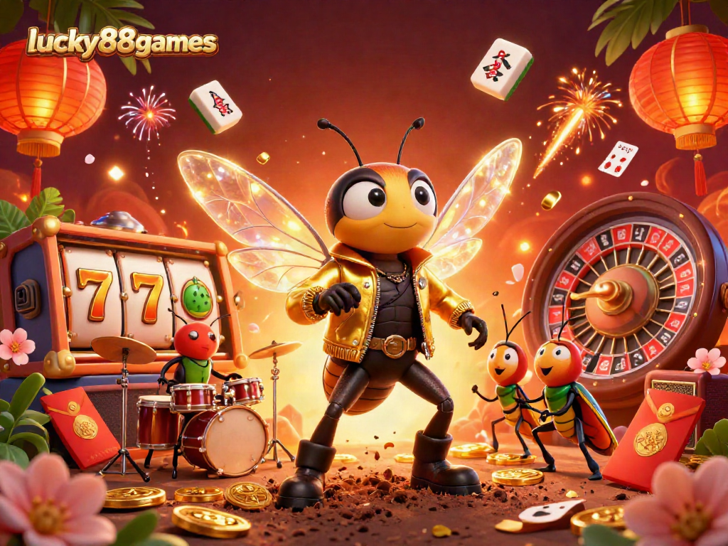 Join the excitement at lucky88games with a vibrant 3D illustration of casino fun featuring a cicada rock star.