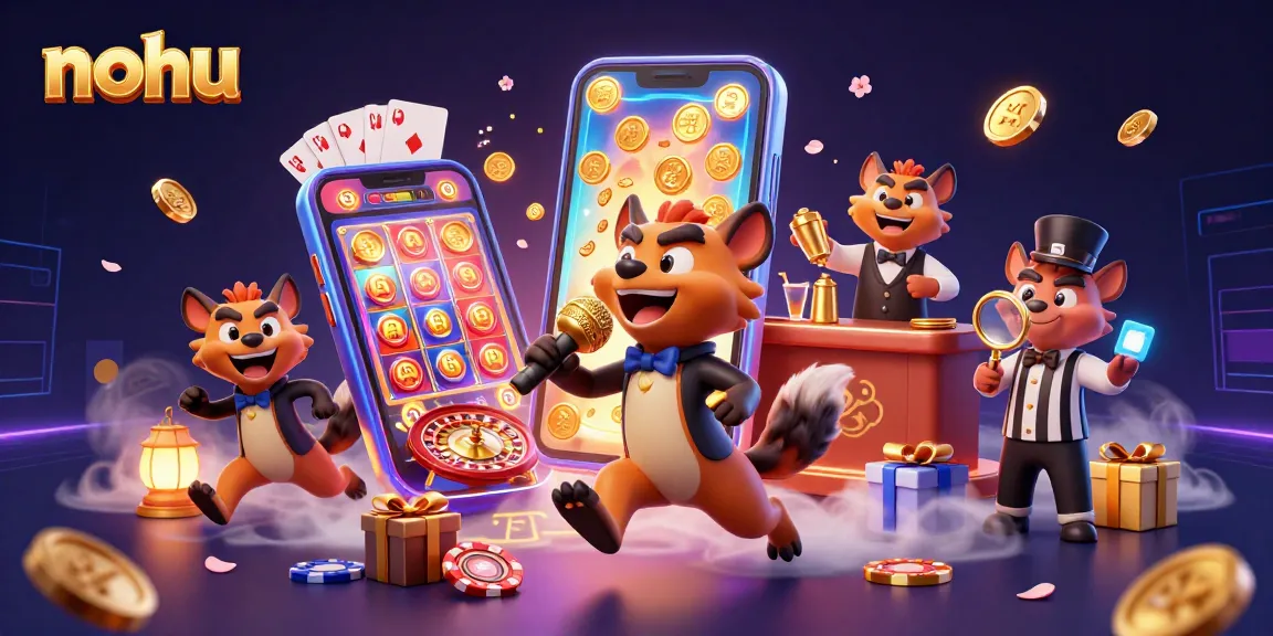 Nohu hyenas create a lively atmosphere in a colorful casino scene featuring drinks, slot games, and fun.