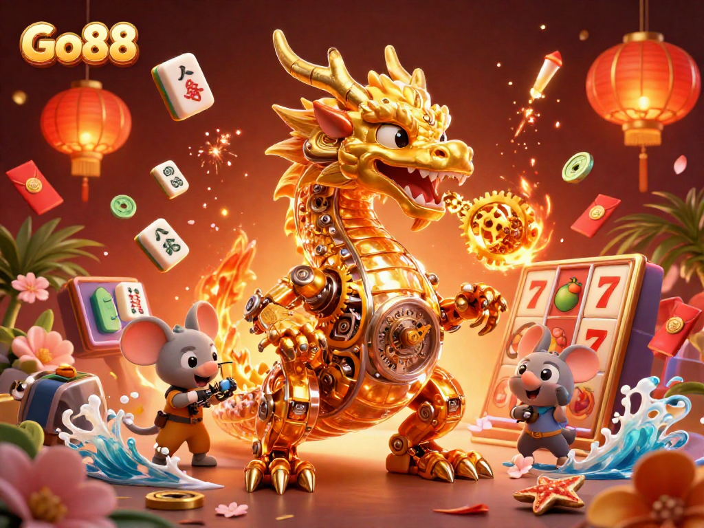 Experience thrilling slots at Go88 as the golden dragon and engineer celebrate big wins!