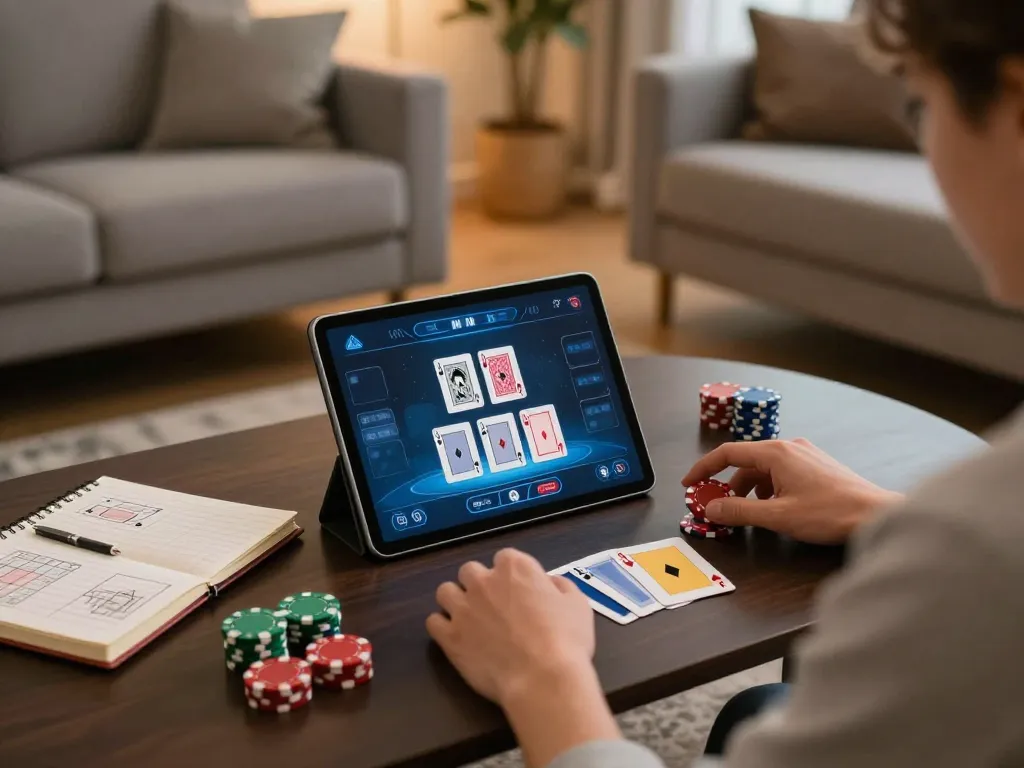 Person playing poker on CK444 platform in a cozy home setting, emphasizing strategic gameplay and comfort