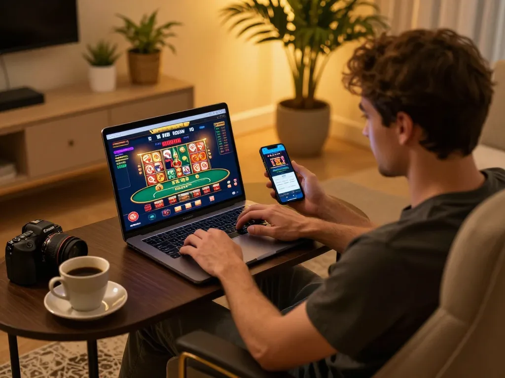 Player engaging in online gaming with 45678 displayed on laptop screen, showcasing vibrant casino action.