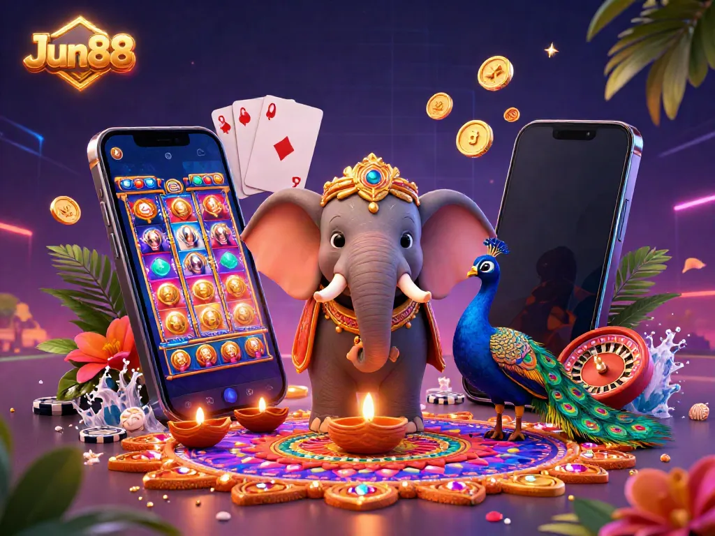 Jun88 captivates players with a vibrant 3D casino scene featuring a colorful slot game, golden coins, and festive decor.
