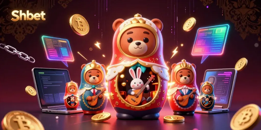 Engage with shbet through a vibrant 3D casino illustration featuring colorful characters and cryptocurrency elements.