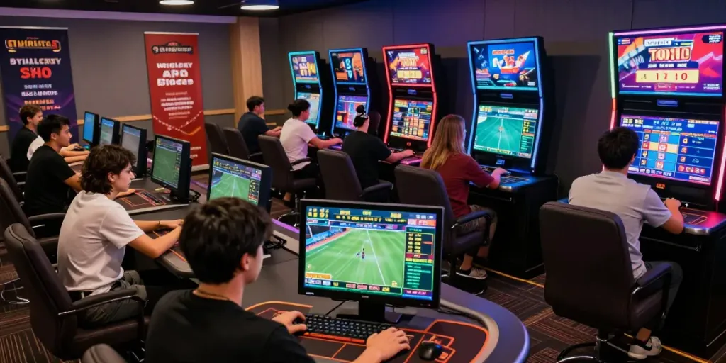 Engaged players at https://ku88v1.com/ enjoying diverse online gambling experience in stylish lounge.