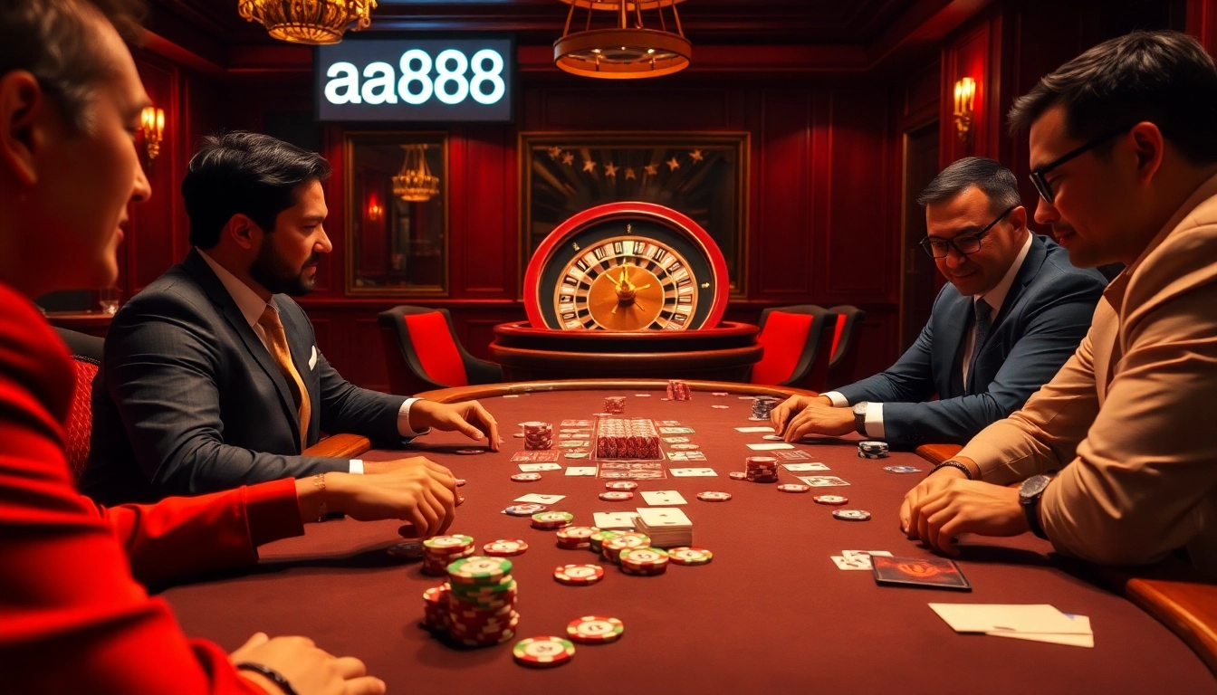 Participe de um emocionante jogo de pôquer em um cassino de luxo, exibindo aa888 com fichas vibrantes e cartas.