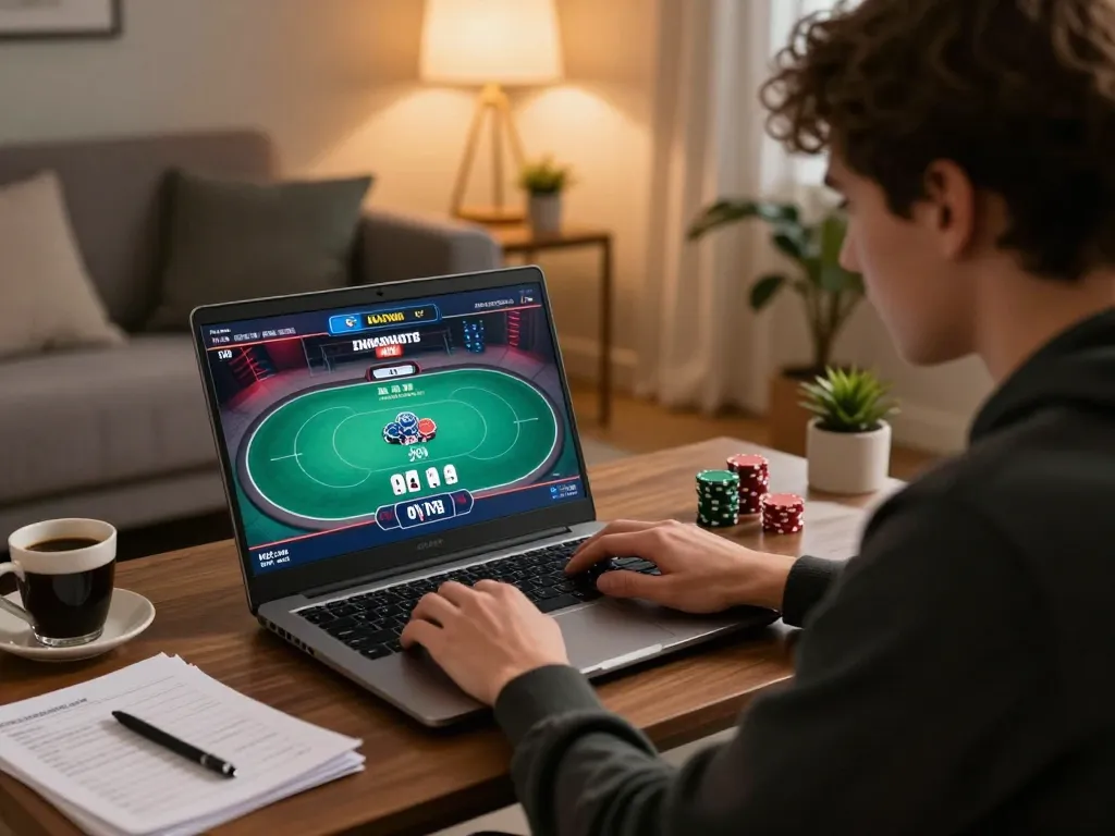 Player engaging in online poker at home with 79club interface visible on screen, showcasing strategic gameplay.