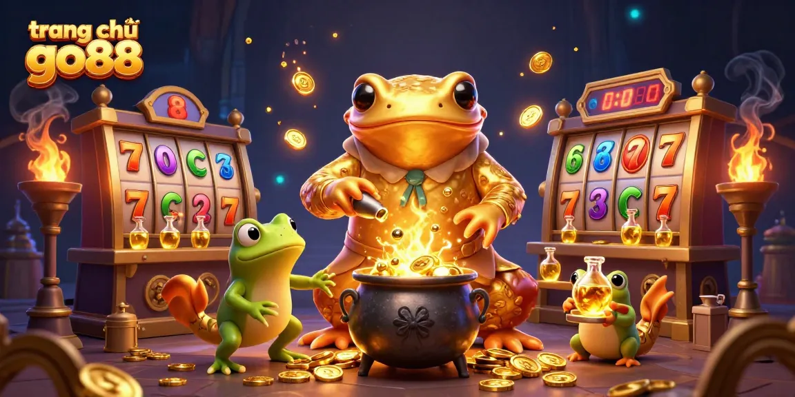 Experience thrilling gameplay at trang chủ go88 with vibrant 3D illustrations of slot machines and magical gold elements.