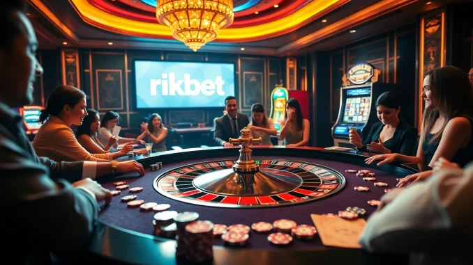 rikbet players engage in a high-stakes roulette game with vibrant casino elements.