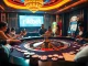 rikbet players engage in a high-stakes roulette game with vibrant casino elements.