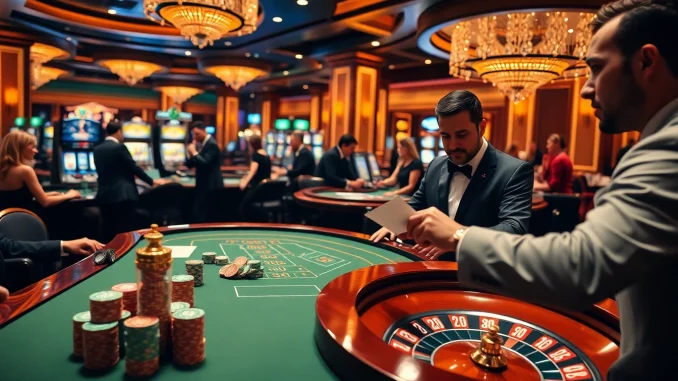 Engaged players enjoying the da88 game at a luxurious casino table with vibrant colors.