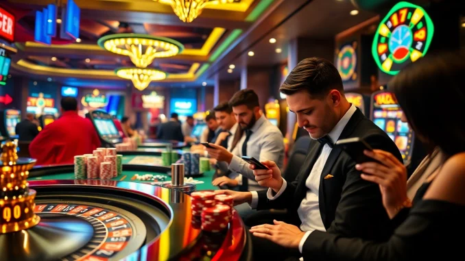 Emoção do jogo de azar com jogadores envolvidos em jogos que pagam dinheiro real via Pix em um cassino vibrante.