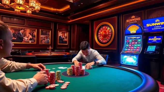 Engaging high-stakes poker action at a casino featuring sunwin19.cn.com branding.