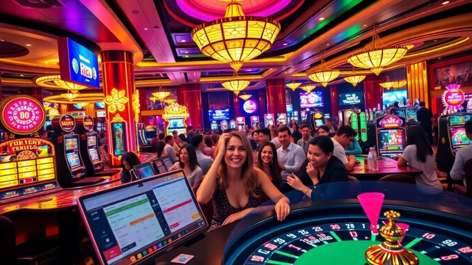 Engaging casino scene highlighting jogo que paga dinheiro Pix with players at tables and slot machines.