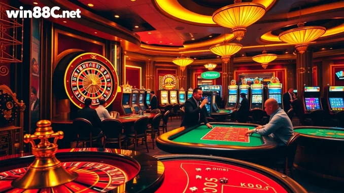 Experience the thrill of gaming at win88cc.net with vibrant casino tables and winning chips.