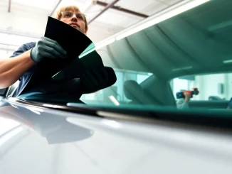 Applying window tint Chattanooga on a vehicle in a professional garage environment.