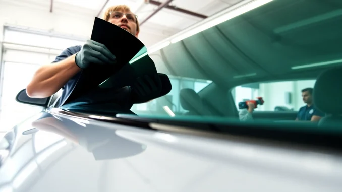 Applying window tint Chattanooga on a vehicle in a professional garage environment.