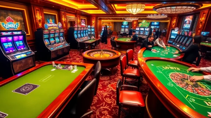 Excited players enjoying a high-stakes game at soibet ไทย casino, featuring vibrant slot machines and elegant poker tables.