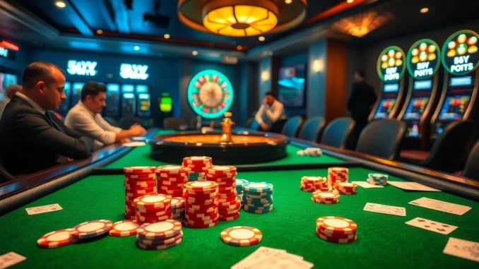 Jogadores engajados apostando em uma mesa de pôquer de cassino luxuoso, evidenciando a emoção das apostas com 69Y.