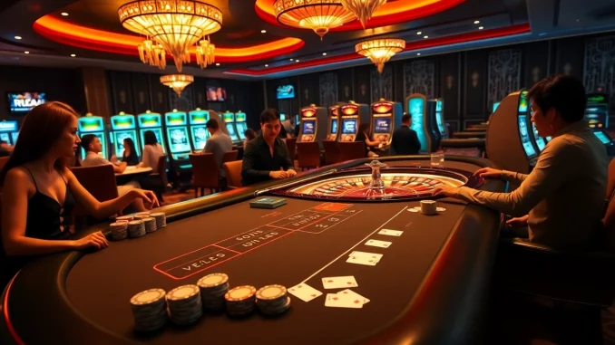 Experience the excitement of rr888 at a luxurious baccarat table in a high-end casino setting.