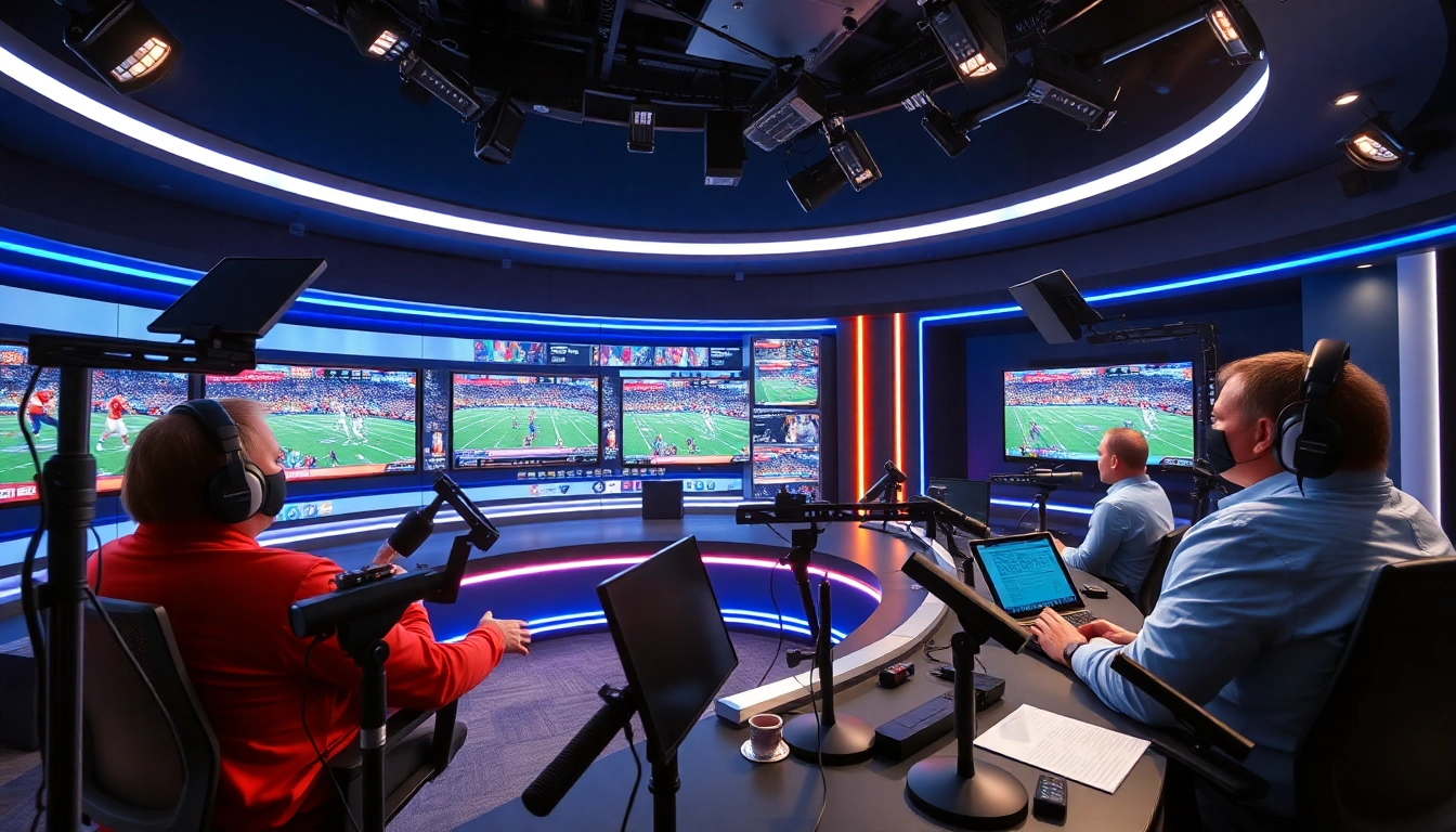 Dynamic sports broadcasting scene featuring hosts engaging viewers live on air.
