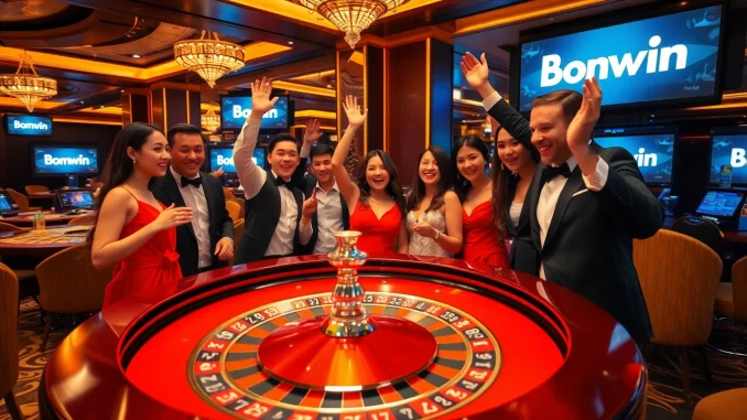 Experience the thrill of winning at Bomwin with a vibrant roulette game in an upscale casino.