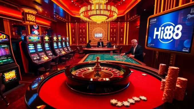 Engaging visual of Hi88 featuring a lively casino atmosphere with players at tables.