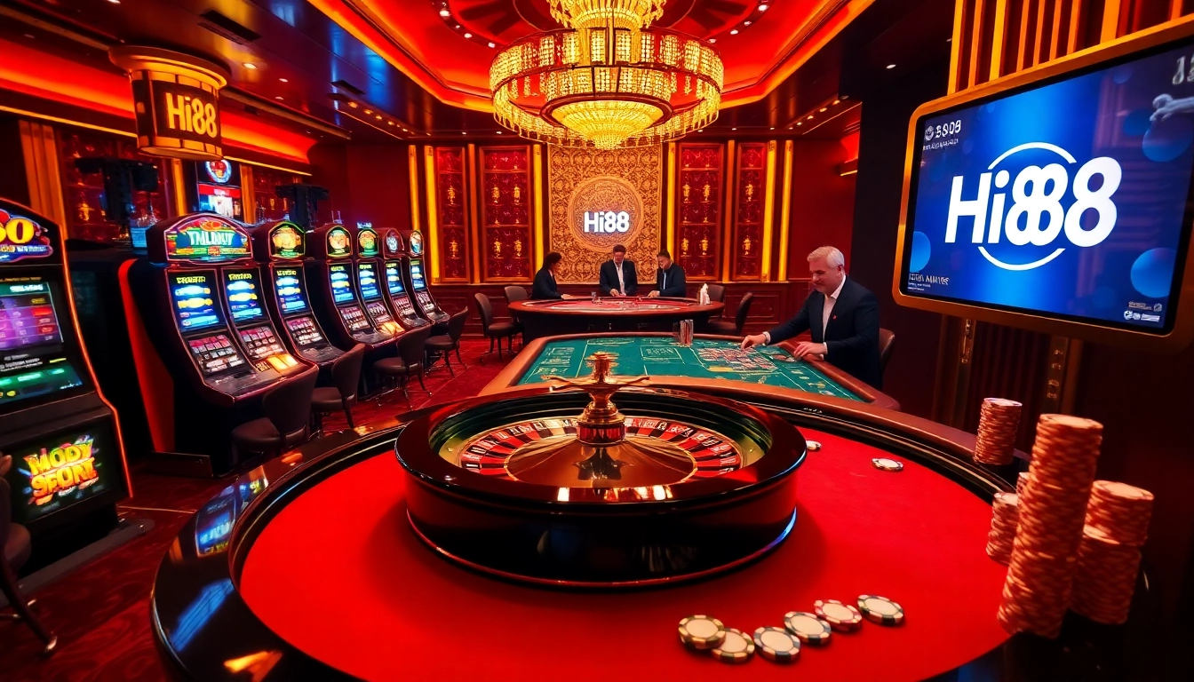 Engaging visual of Hi88 featuring a lively casino atmosphere with players at tables.