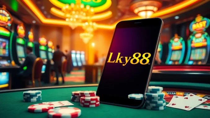Experience the thrill of the lucky88 app amidst a luxurious casino scene with vibrant games and poker chips.