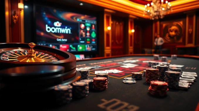 Experience thrilling gameplay at bomwin casino with vibrant poker chips and roulette wheels.