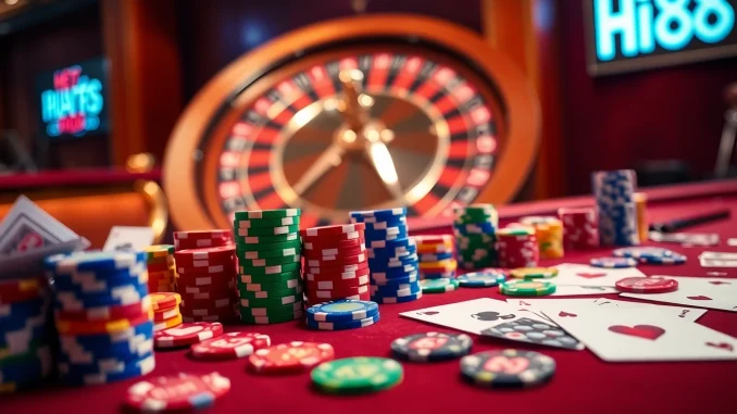 Experience the excitement of Hi88, where vibrant poker chips and thrilling gameplay meet.