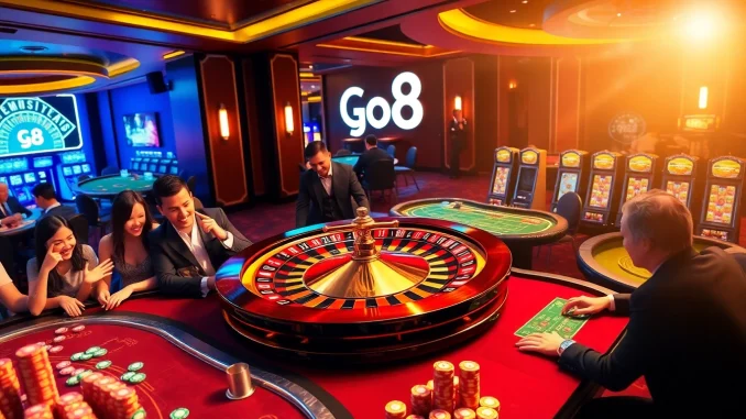 Experience the thrill of the go8 casino with vibrant roulette wheels and excited players.
