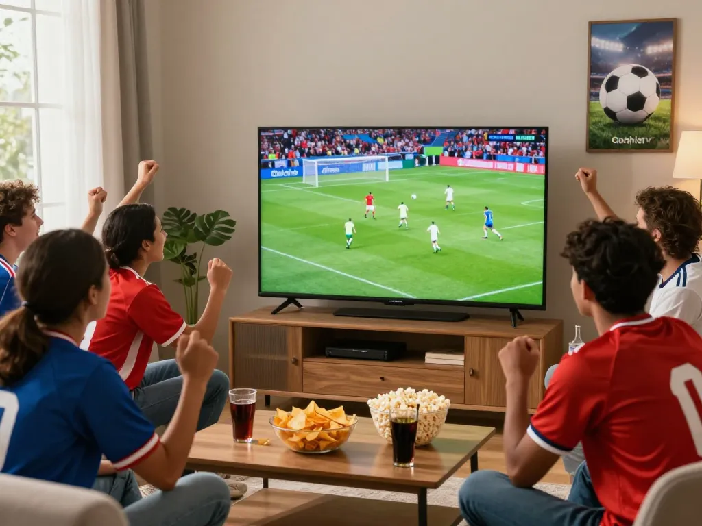 Football fans enjoying a match while streaming at https://cakhiatv.uk.com with snacks and excitement.