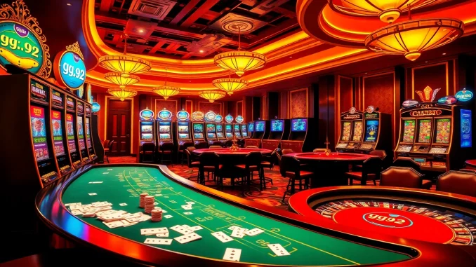 Experience the excitement of gambling at a luxurious casino showcasing gg.92 slot machines and gaming tables.
